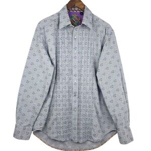 Robert Graham Blue Pattern Silk Blend Guayabara Colourful Flip Cuff Shirt L